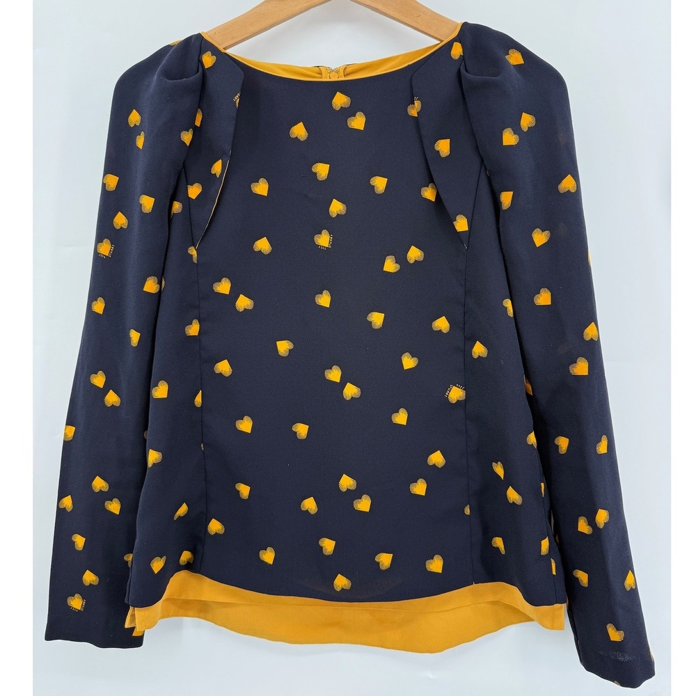 Jill Stuart Navy Blue Gold Hearts All Over Print Puff Sleeve‎ Blouse Top Small